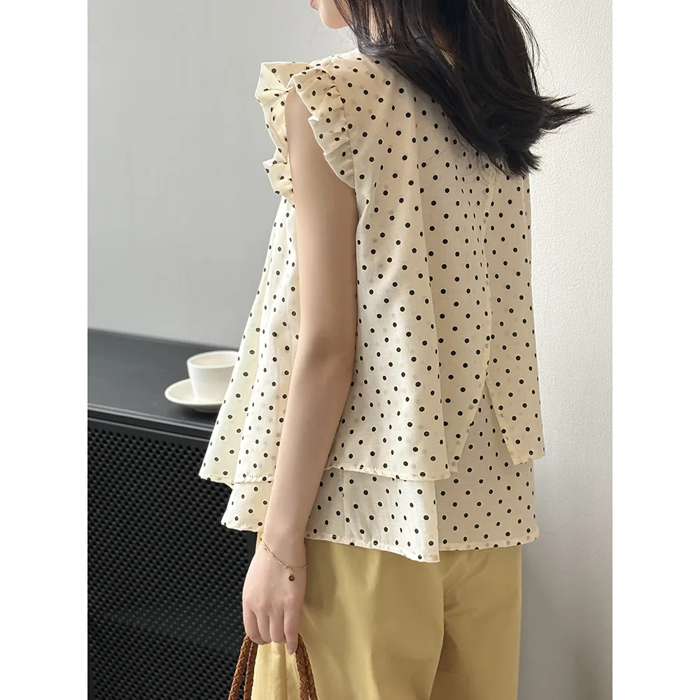 Han Shubo Dotted Auricularia Edge Shirt Women's 2024 Summer Style Sweet Sleeveless Doll Shirt Top