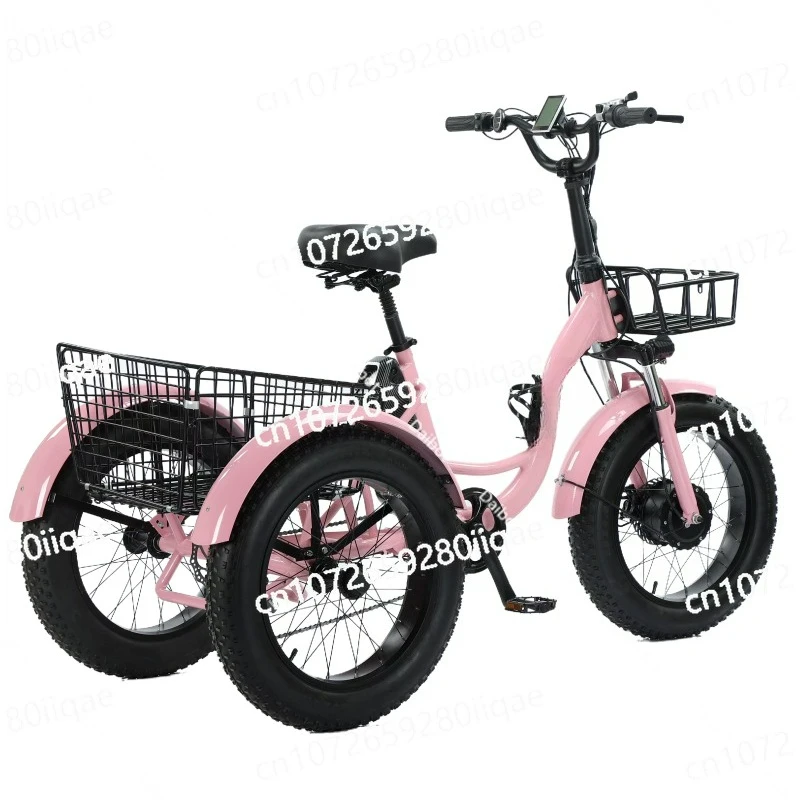 500W 3 Wheel Fashion Pink Electric Bike Girl Fat Tire Cargo Powerful Electric Adult Tricycle Seat Adjustable Battery Removable