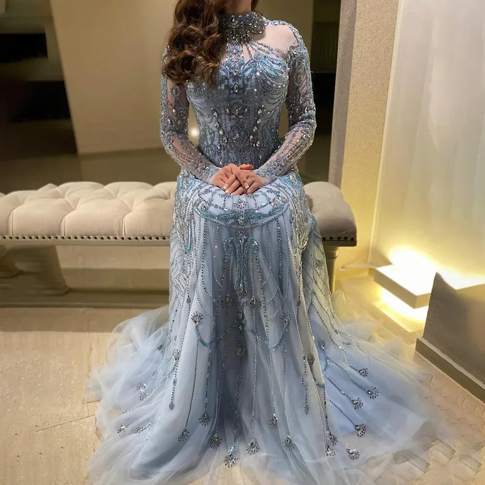 Aunber Vestidos de noche azules árabes de lujo personalizados con cuello alto, vestido formal de encaje lleno de cuentas, vestido de fiesta