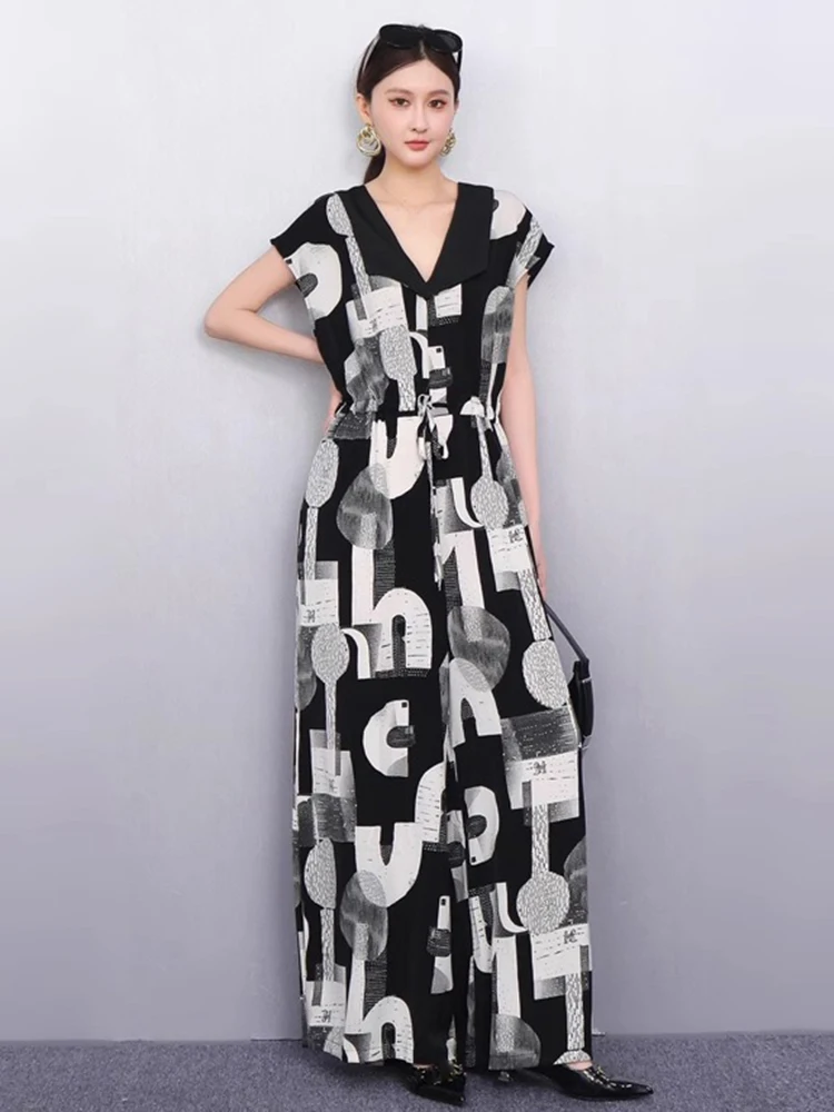 XITAO Drawstring Letter Print Jumpsuits Loose Casual Temperament Sleeveless Slimming Summer Woman Wide Leg Jumpsuits ZMY1305