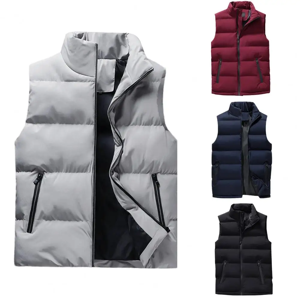 Popular Men Waistcoat Cotton Padded Zipper Autumn Winter Windproof Pockets Pockets Vest