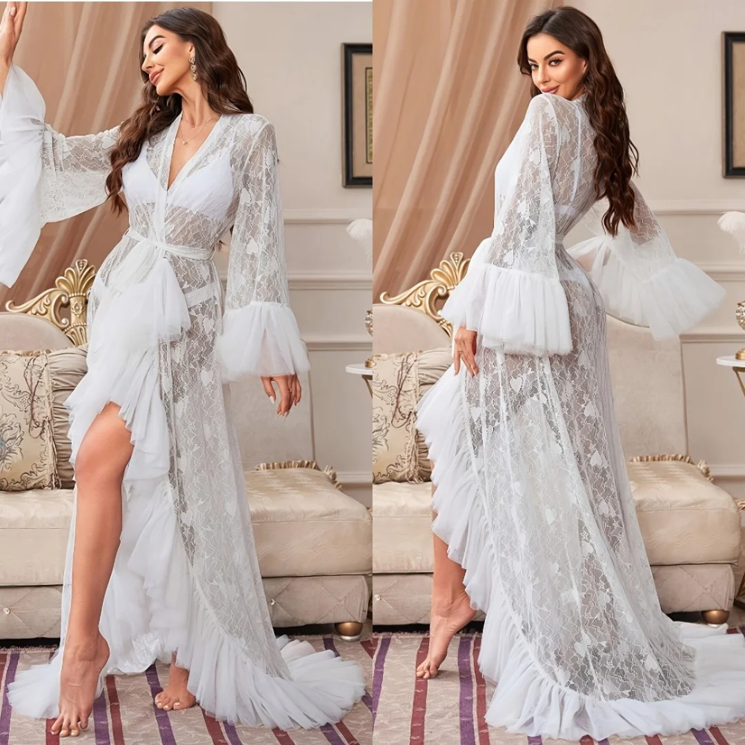 Elegant Sleepwear Women Robe Bridal Nightgown Appliques Long Sleeve Wedding Bridal Robe Customized Nightgown Pajamas