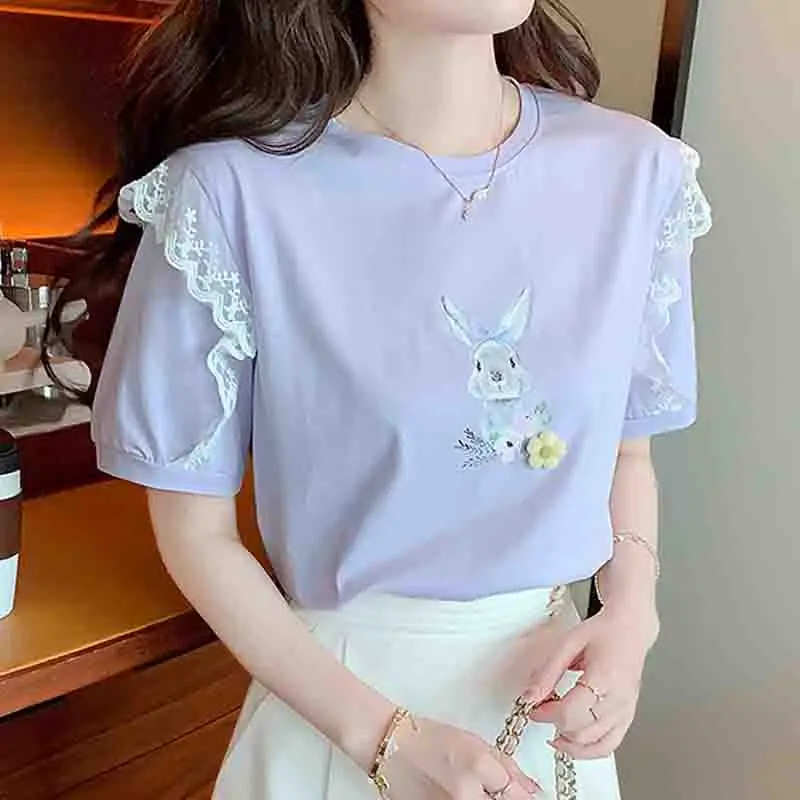 New Cotton Short Sleeve Women\'s T-shirts with Lace Sweet Woman Tops Printing Clothes Casual Summer Purple Women Tshirts 8547