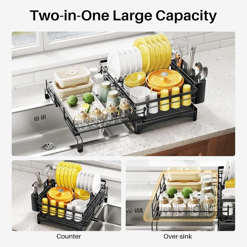 Dish Drying Rack - Extendable Dish Rack, Large Sink Drying Dish Drainer for Kitchen Counter