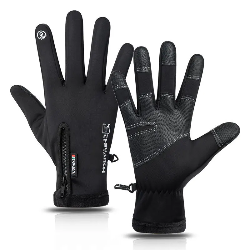 Guantes de ciclismo para hombre Q903Winter con cremallera pantalla táctil a prueba de viento cálidos impermeables deportes de ciclismo guantes de esquí con forro polar para hombre