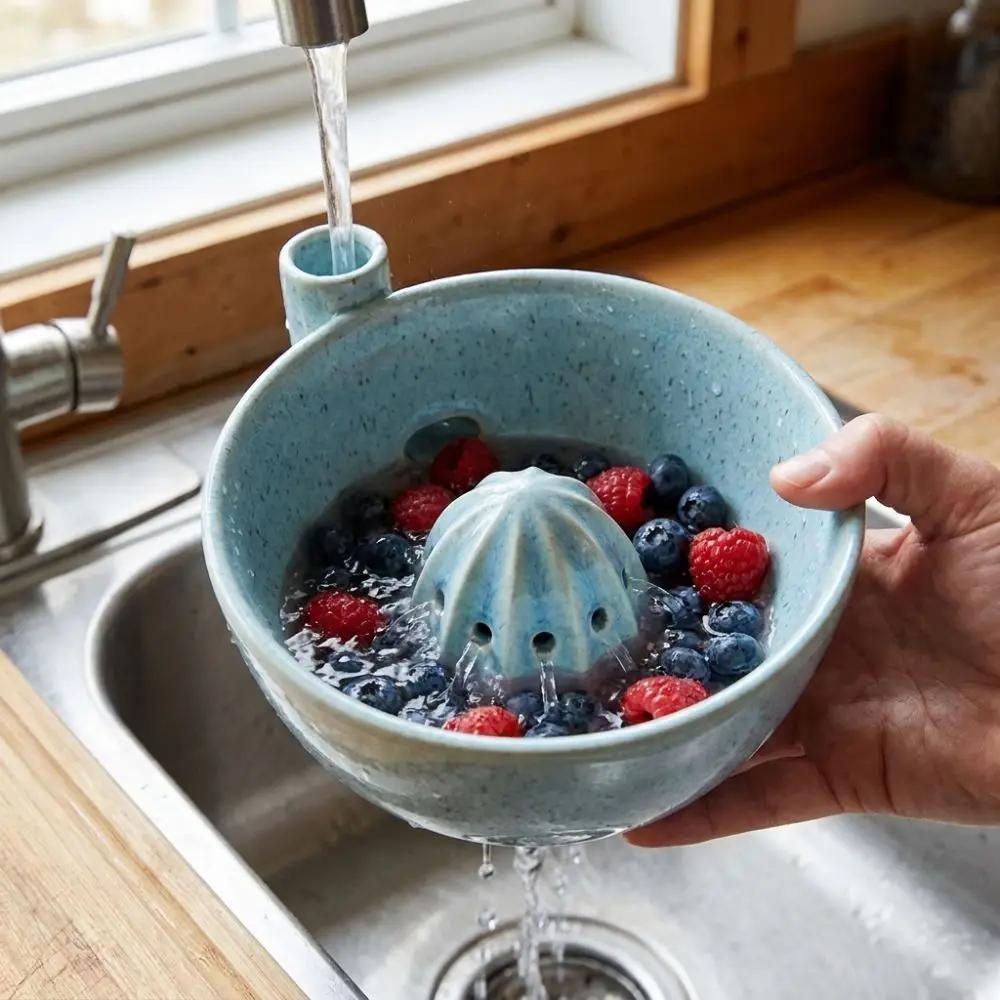 Ceramic Automatic Fruit Washing Bowl Drain Spout 360 Degree Rotating Dynamic Vortex Cleaning Bowl Large Capacity Self Spinning