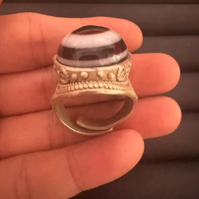 Tibetischer Silberring, Seidenaugen-Achat Medizin-Buddha Schafaugen-Rundachat Vintage Ethnischer Unisex-Daumenring – Detail 4