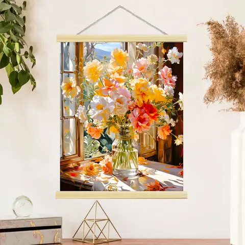 2D Flat 1pc Wall Hanging Art Canvas Hanger Poster Beige and Orange Floral Print Elegant Flower Design for Living Room Bedroom