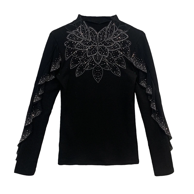 Estación europea Otoño Invierno nueva camiseta de cuello alto para mujer encaje ahuecado camisa de diamante moda manga larga volantes Tops