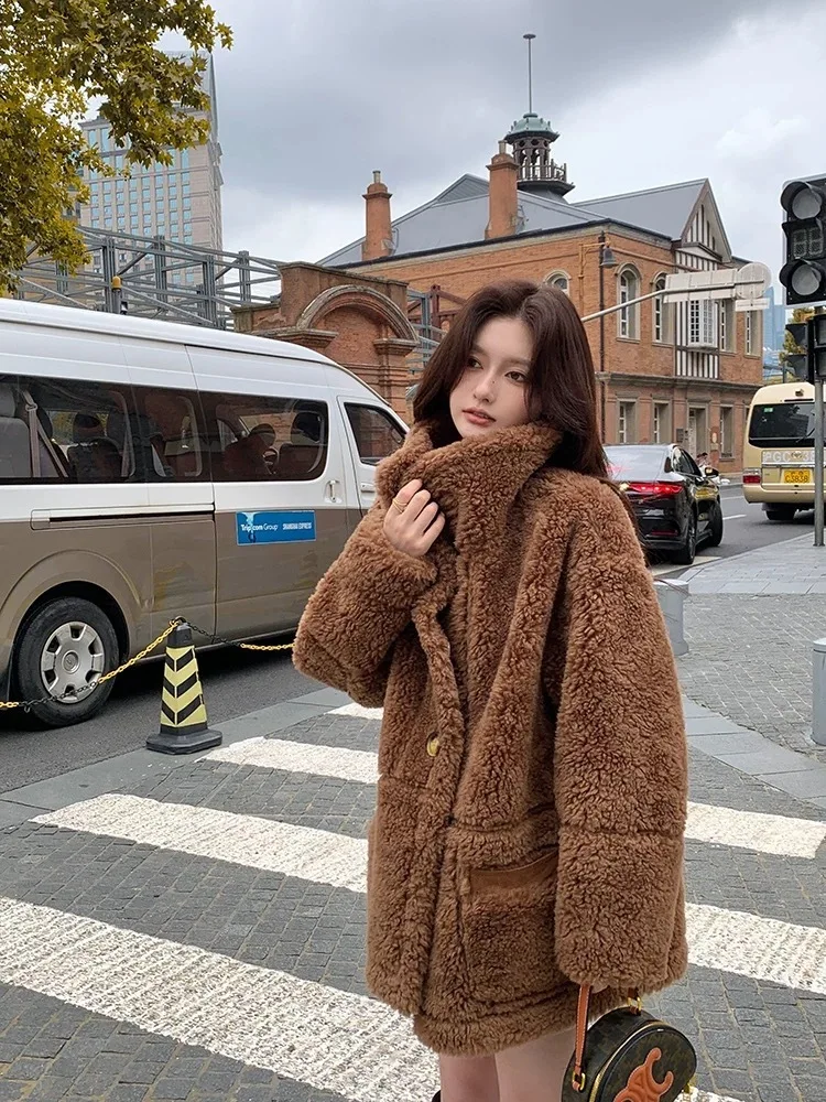 UMI MAO-abrigo Reversible de piel de oveja para mujer, abrigo de piel auténtica de lana de cordero de invierno, abrigo de longitud media, chaquetas coreanas para mujer