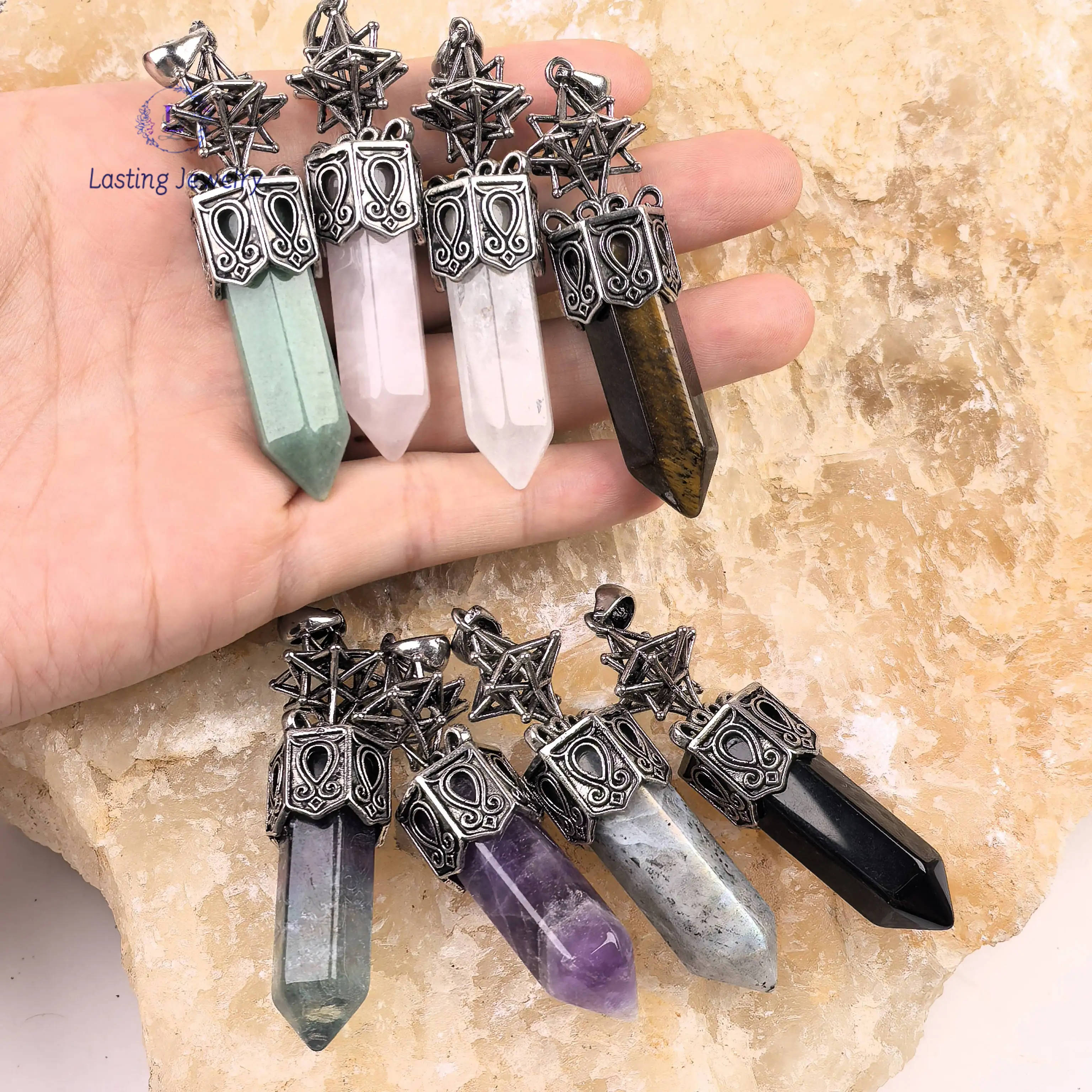 

Antique Silver Merkaba Star Hexagonal Point Pendants,Reiki Crystal Quartz Labradorite Fluorite Pendulum Necklace Jewelry Making