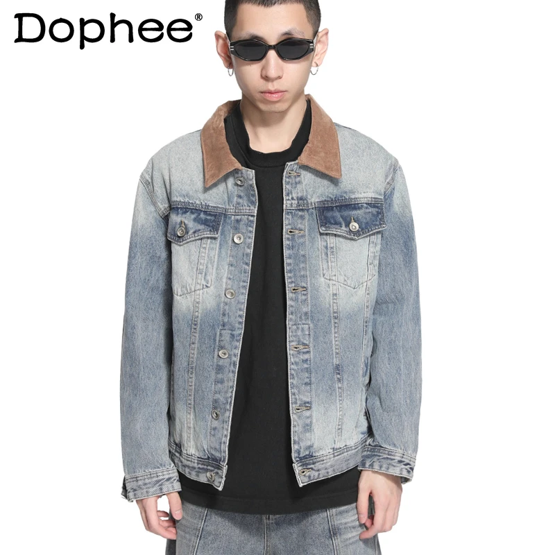 

Мужские модные джинсовые куртки в американском стиле 2025, ретро контрастного цвета, шикарные джинсовые куртки с лацканами, мужские красивые джинсовые пальто