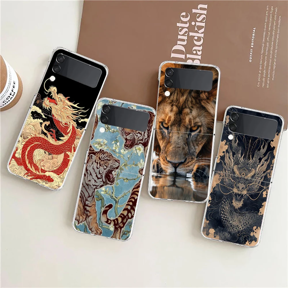 Transparent Phone Case For Samsung Galaxy Z Flip 3 4 5 6 7 Hard Folding PC Z Flip3 Flip4 Cover Cool Animal Tiger Lion