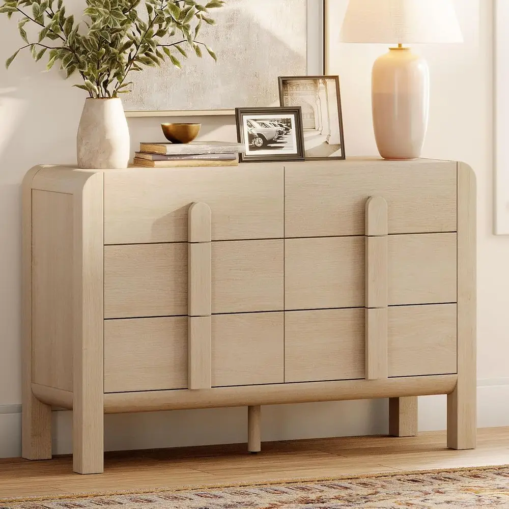 

Wide 47.2 Modern Chest of Drawers, Curved Wooden TV Stand, Light Oak Finish, Storage Organizer for Bedroom, Closet, Hallway