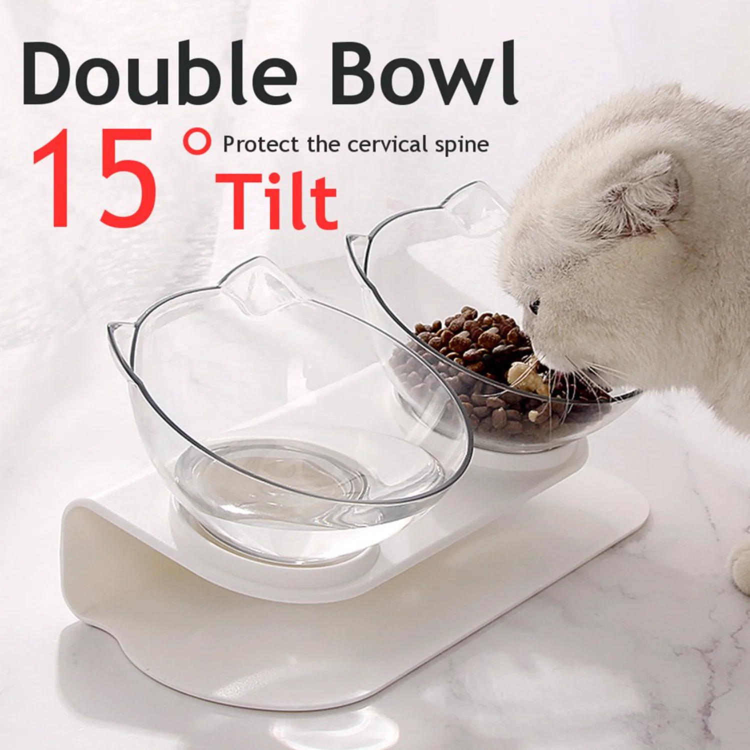 Elevated Cat Feeding Bowl with Anti-Slip Holder, Raised Bottom, Single/Double Feeders for Cats & Small Dogs, Protects Spine.