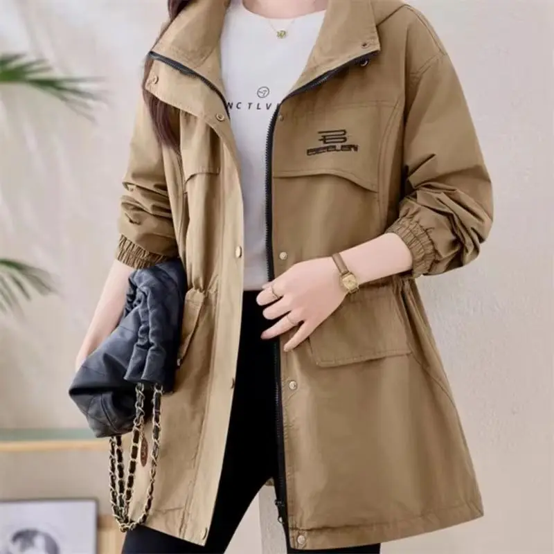 

Windbreaker Women's Trench Coat Spring Autumn 2026 New Korean Version Casual Waist Cinched Hooded Mid-length Coat Outerwear