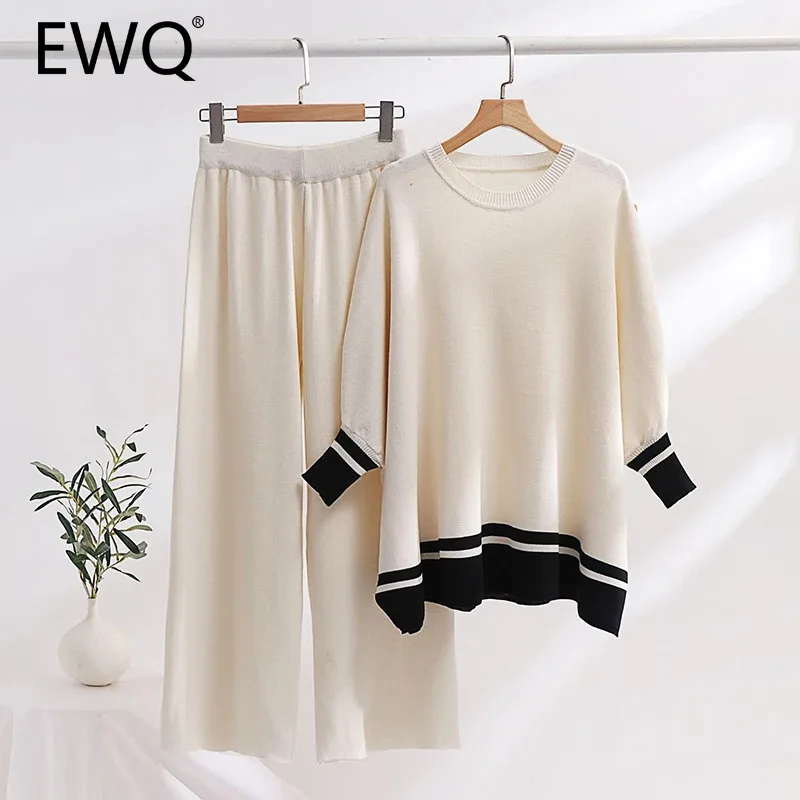 Ewq ชุด2ชิ้นถักคอกลมแขนยาวกางเกงเอวสูงเสื้อแฟชั่นสำหรับผู้หญิงสีตัดกันลำลองสำหรับฤดูใบไม้ร่วง27X568ใหม่