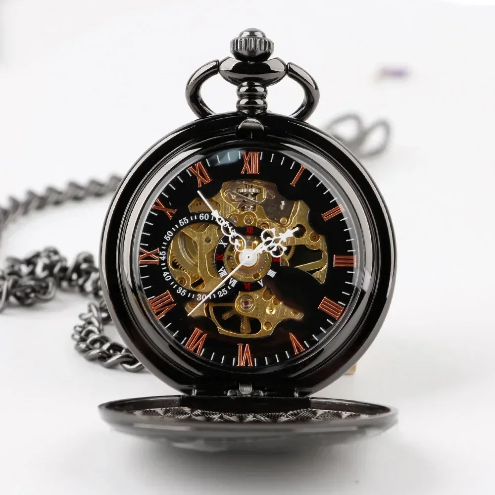 Vintage Luxury Black Metal Mechanical Pocket Watch Steampunk Watches Chain Men Women Pendant Clock Gift PJX1685