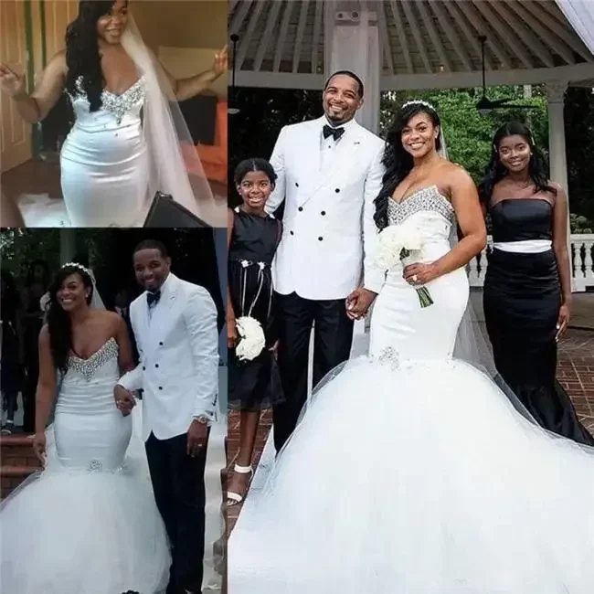 

Customized Beaded Mermaid Wedding Dresses Sweetheart Beads Sequins Lace Up Back Beach Bridal Dress Custom Made African Gowns