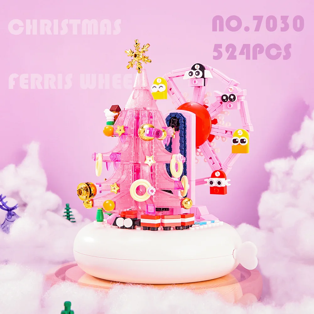 

Christmas Tree Building Blocks Pink Ferris Wheel Spin Rotation Music Box Star Snowflake Wind-up Train Gifts For Girls Adults