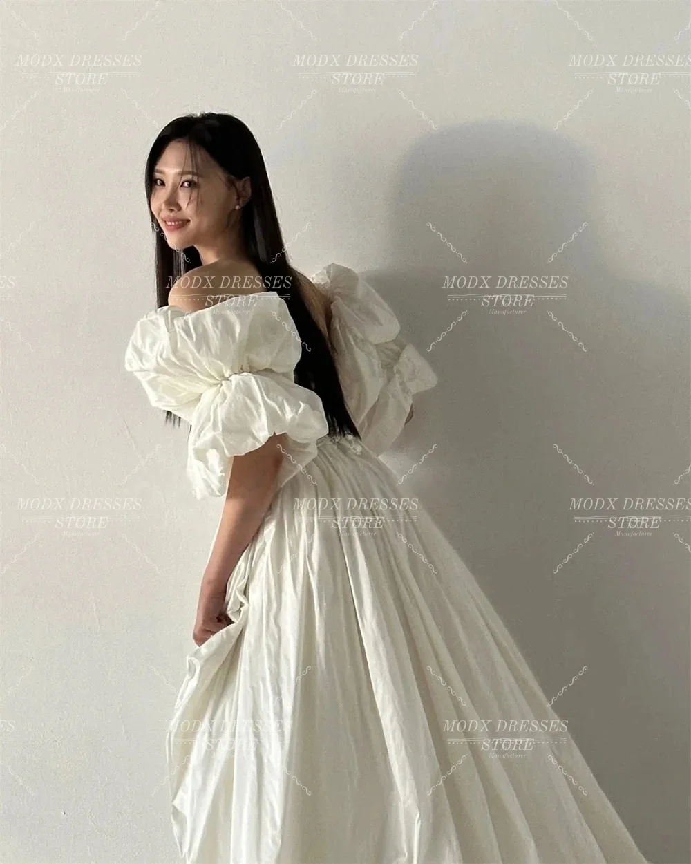 MODX 우아한 하이 슬릿 태피터 A라인 한국 웨딩드레스 오프숄더 신부 드레스 사진 촬영용 맞춤형 베스티도스 노비아스 B