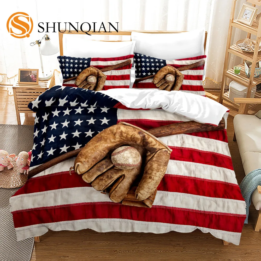 Baseball Sport Duvet Cover King Queen Baseball Bat American Flag Bedding Set For Boys Teens Men Ball Game Polyester Quilt Cover