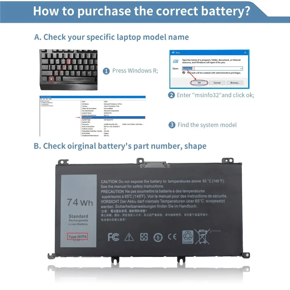 357F9 Laptop Battery for Dell Inspiron 15 5576 5577 7000 7559 7557 7567 INS15PD Series P65F 71JF4 0GFJ6 P57F 071JF4 0357F9 74WH