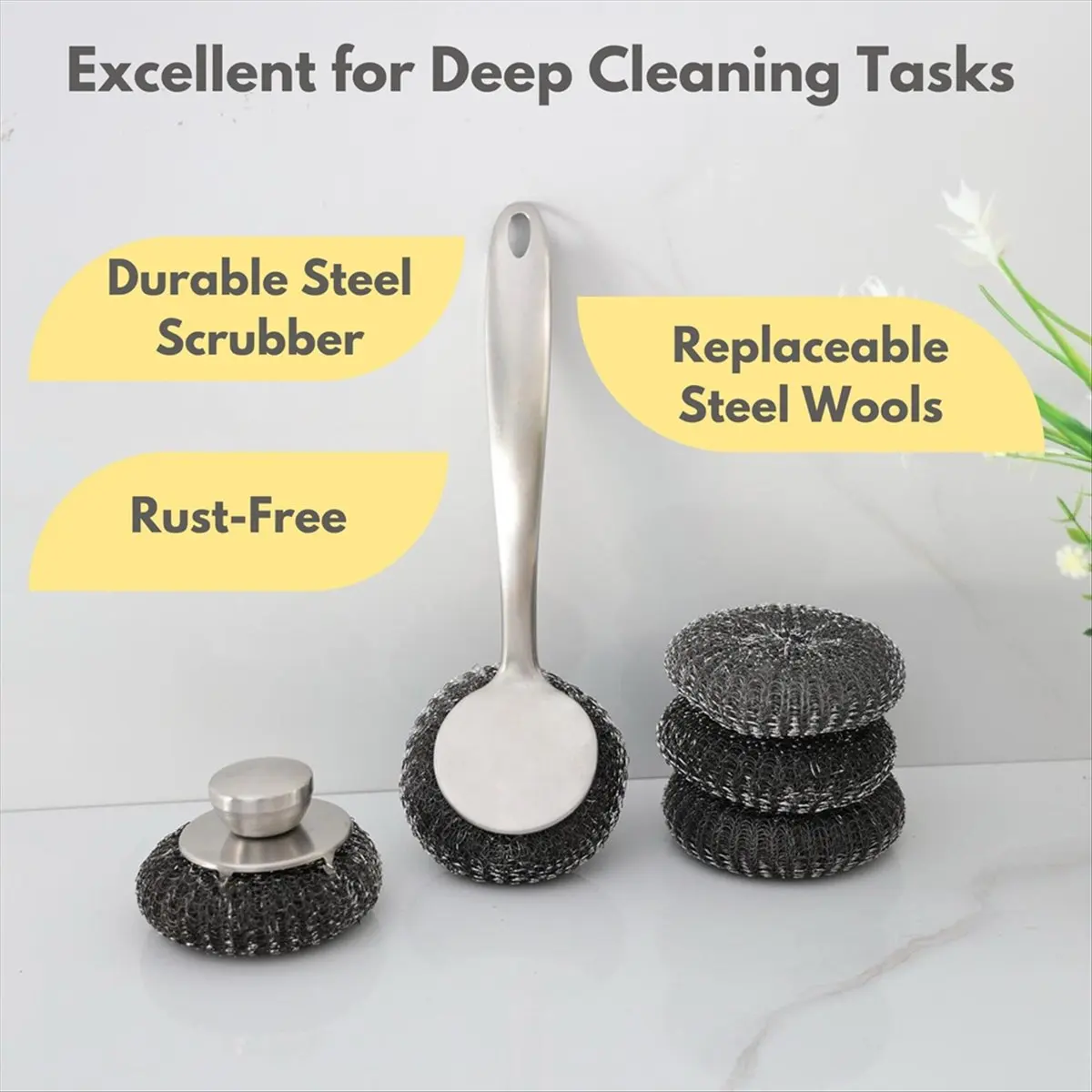 Steel Wool Scrubber Dish Brush with Handle, Deep Cleaning Metal Scrubber Set, Steel Scrubber for Dishes,Metal Scrubbers &LICG