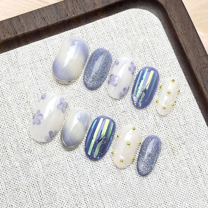 10 piezas francés simple pequeño fresco hecho a mano prensa en uñas flores azules difuminado hielo transparente uñas postizas removibles reutilizables