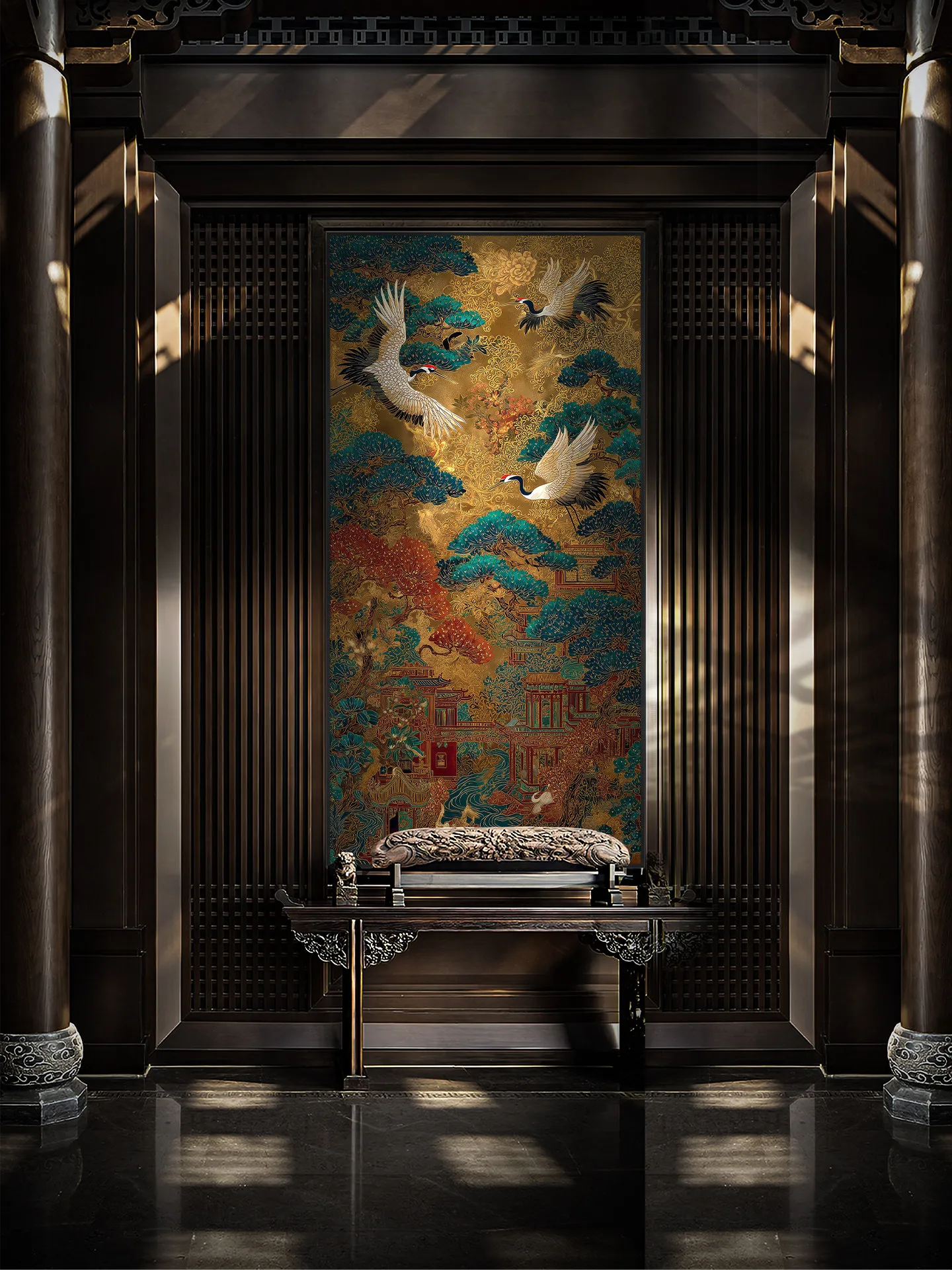 Chinese style entrance decorative painting hotel lobby background wall high-end custom mural high-end giant