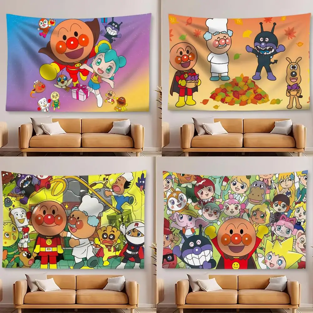 A-Anpanman Anime Cute Tapestry Custom Home Living Room Bedroom Wall Decor Wallpaper Backdrop Cloth With Clips