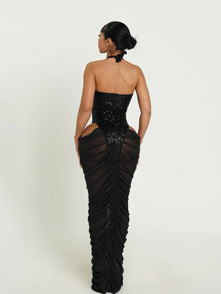 Kliou Glänzende Pailletten Patchwork Langes Kleid Frau Halter V-ausschnitt Backless Durchsichtig Saum Mitternacht Prom Party Geraffte Elegante Vestidos