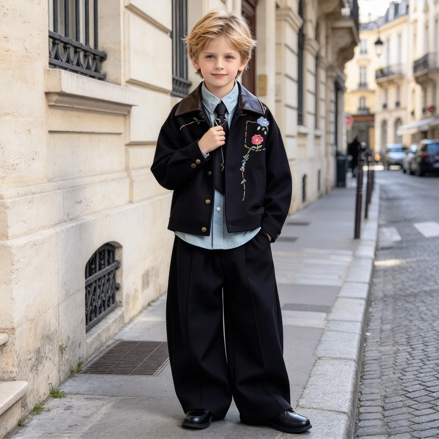Boys 2 Piece Outfit Kids Black Jacket Pants Set PU Leather Collar Floral Embroidery Children Streetwear Fashion Clothes 2-14Y