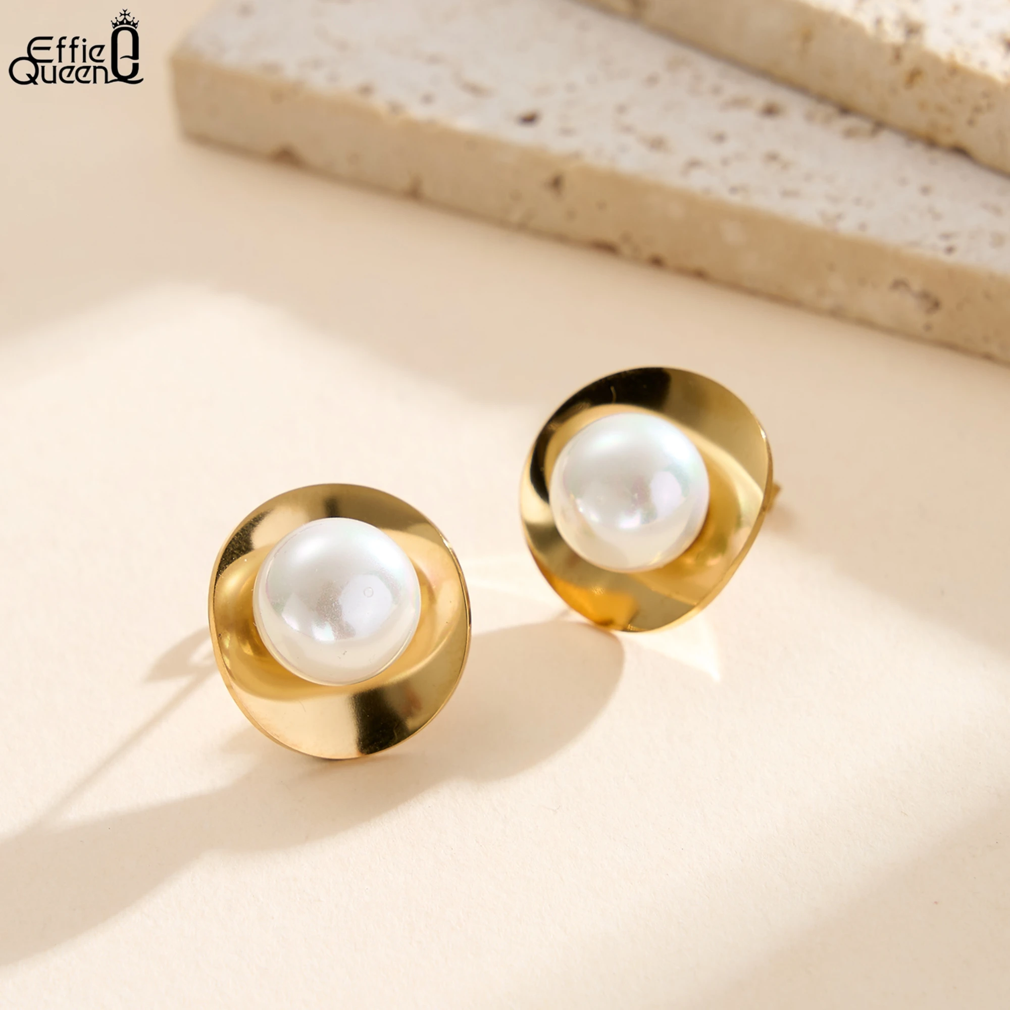 Effie Queen Stainless Steel 18k Gold Oval Pearl Stud Earrings Ideal Jewelry for Women, Men Wedding Party Banquet Gift STPE05