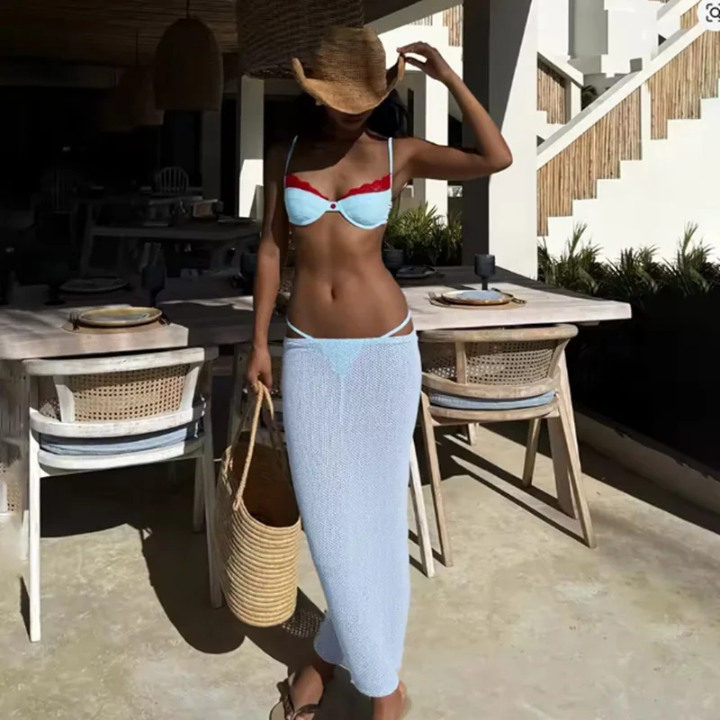 2026 Women 3 Piece Contrast Lace Bikini Set Underwire Top Light Blue Knit Sheer Maxi Wrap Skirt Cover Up Brazil Beach Swimwear