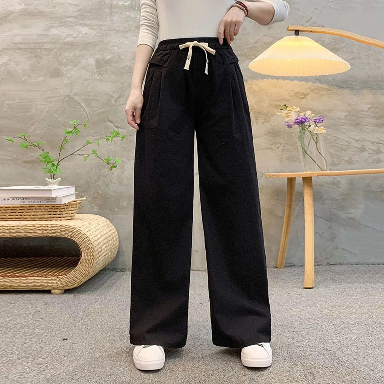 

Однотонные хлопковые льняные широкие женские прямые брюки с завышенной талией повседневные женские длинные брюки Y2K 2024