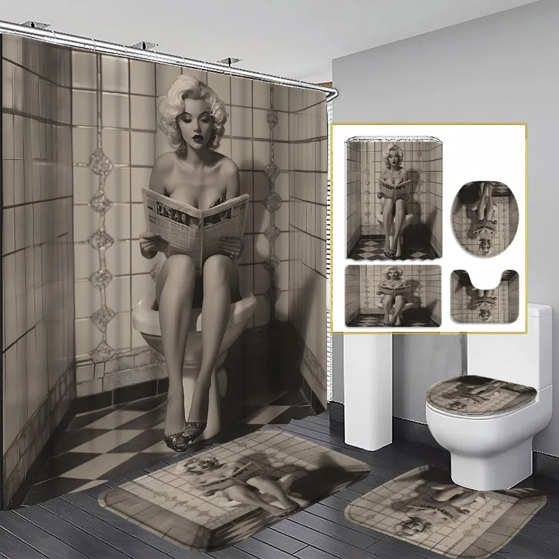 Newspaper Girl, Bathroom Four Piece Set - Classic Waterproof Shower Curtain, Suitable for the Entire Bathroom Set