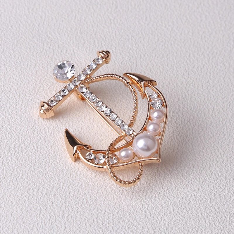 Rhinestone Anchor Brooches for Women Unisex Pearl Boat Tool Pins Banquet Party Backpack Gifts Jewelry Accessories