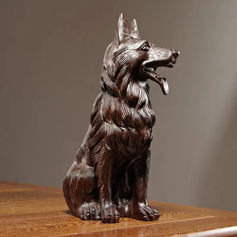 Ebony Wood Carved Dog Pure Solid Wood Carved Zodiac Fortune Wolf Dog Craft Gift Fortune Feng Shui Ornaments