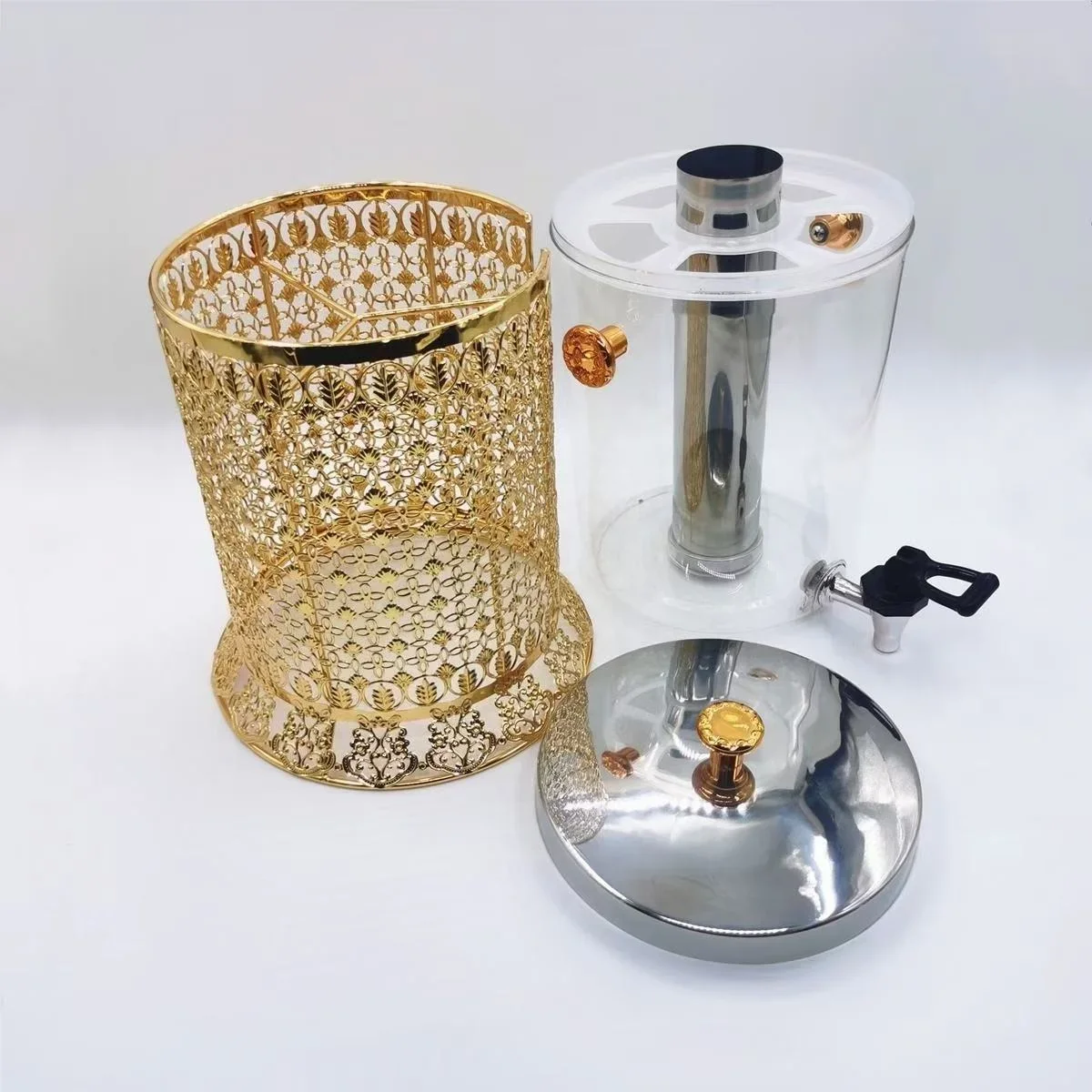 Luxury 2-Gallon 8L Beverage Dispenser Stainless Steel and Plastic PC Barrel with Gold Base and Tap for Parties and Drinks