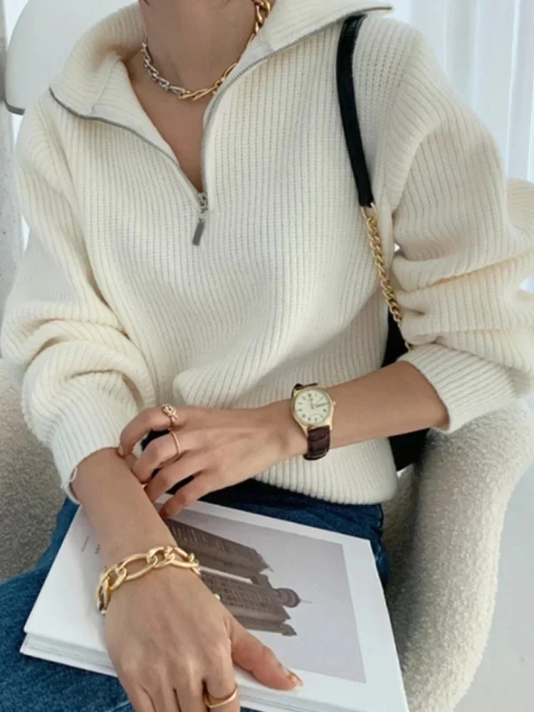 

Women's Oversized Turtleneck Sweater Long Sleeve Zipper Pullover Loose Knitted Fashion Top for Autumn Winter 2025