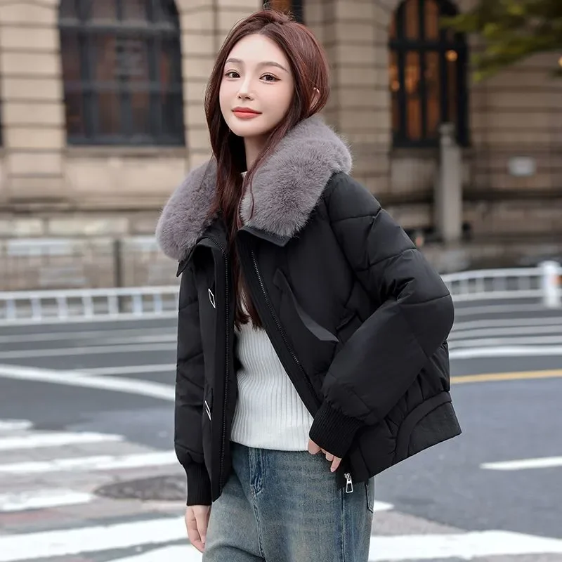 

Куртка с хлопковой подкладкой и большим шерстяным воротником, женское пальто, зимнее новое пальто большого размера, толстая теплая парка, свободное короткое хлопковое пальто