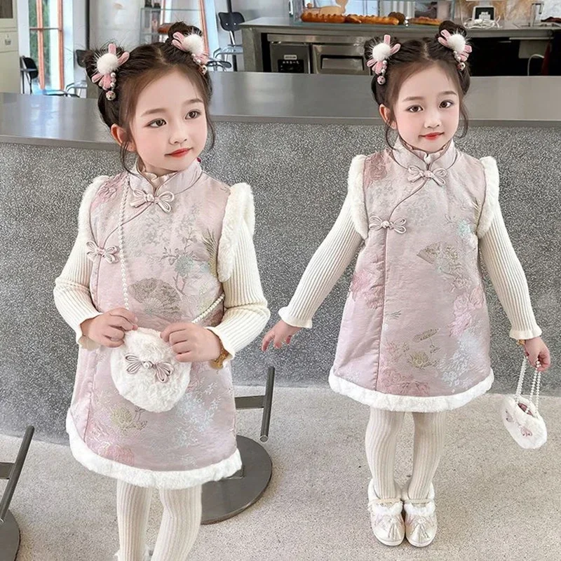 2024 Winter 2-10 Years Girls Cheongsam New Year Flower Thickening Kids Baby Traditional Chinese Ethnic Tang Dress + Bag Set