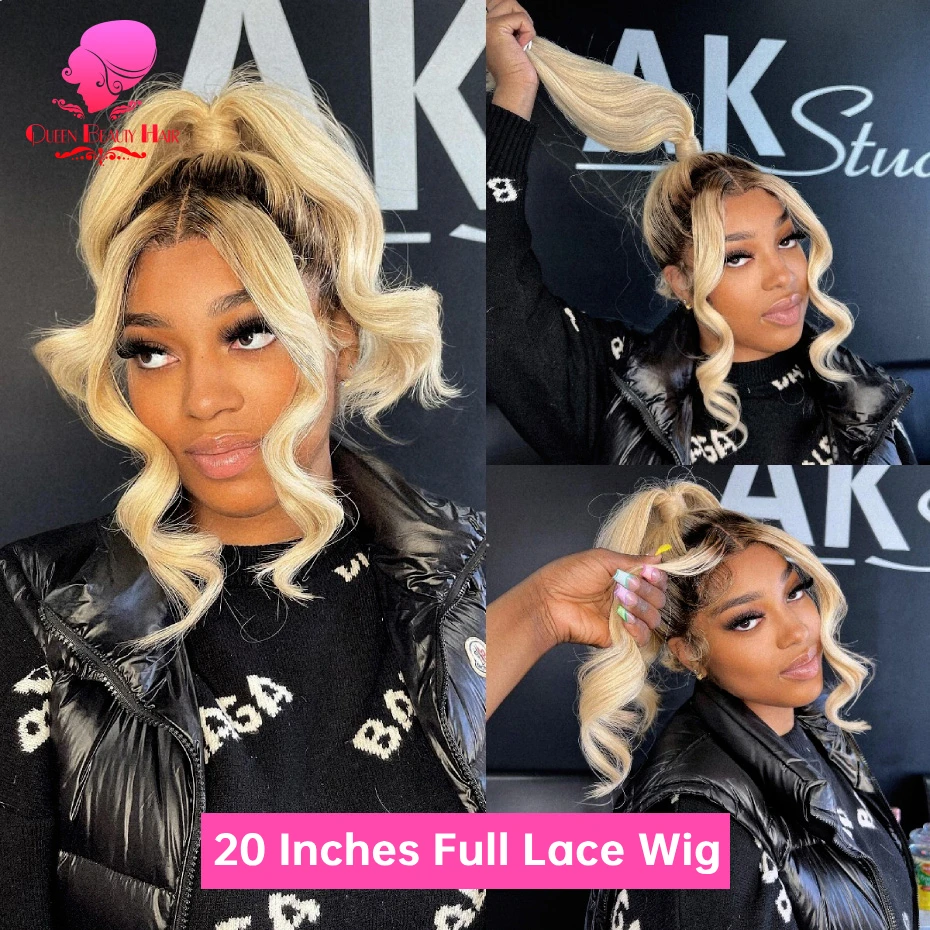 13x6 Full Lace Frontal Perücke aus Echthaar, 1B 613 Ombre Blonde Perücke mit dunklen Ansätzen, peruanische Body Wave Lace Front Echthaarperücken für Frauen – Detail 5