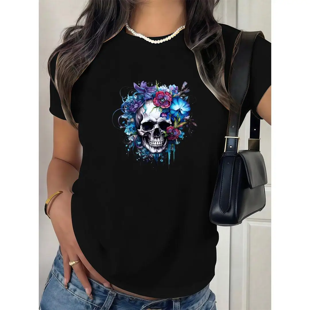 

Floral Skull T-Shirt Gothic Flower Graphic Tee Unisex Dark Art Apparel Unique Skeleton Gift