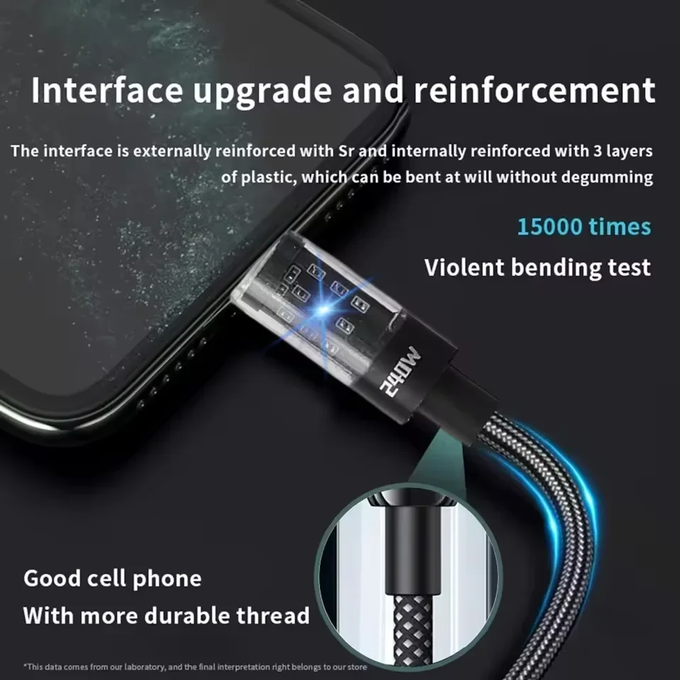 240w Nylon USB Type C Super Fast Charging Cable  Led Digital Display Usb C Charger Data Cord For Samsung Xiaomi Huawei Honor
