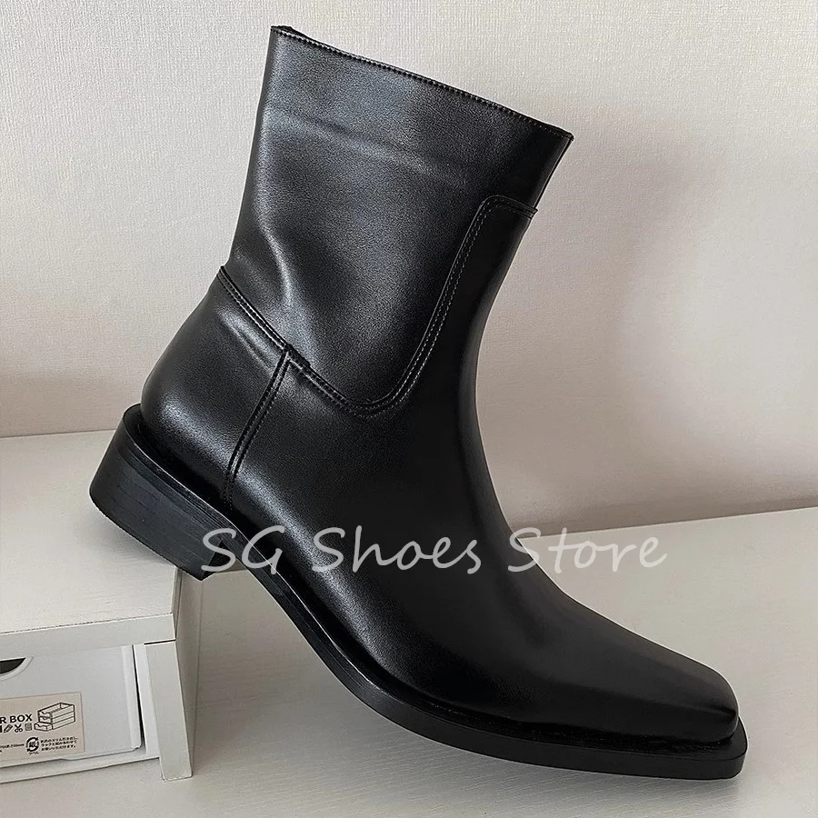 

Black High Top Leather Boots Male Wedding Dress Shoes Motorcycle Boots Fashion Square Toe Chunky Heel Chelsea Boots for Men