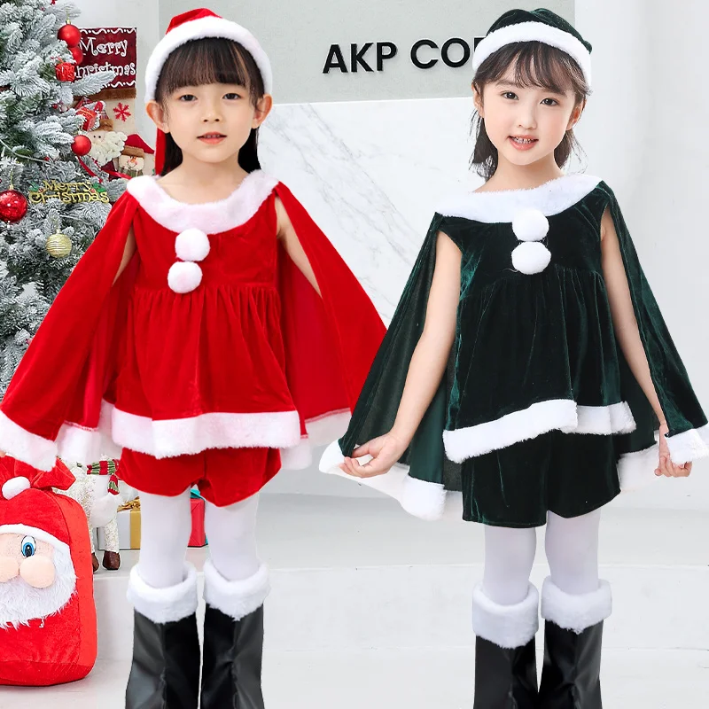 

New Year Toddler Baby Girls Christmas Elk Fleece Costume Red Santa Claus Long Sleeve Princess Dresses With Hat & Shawl Xmas