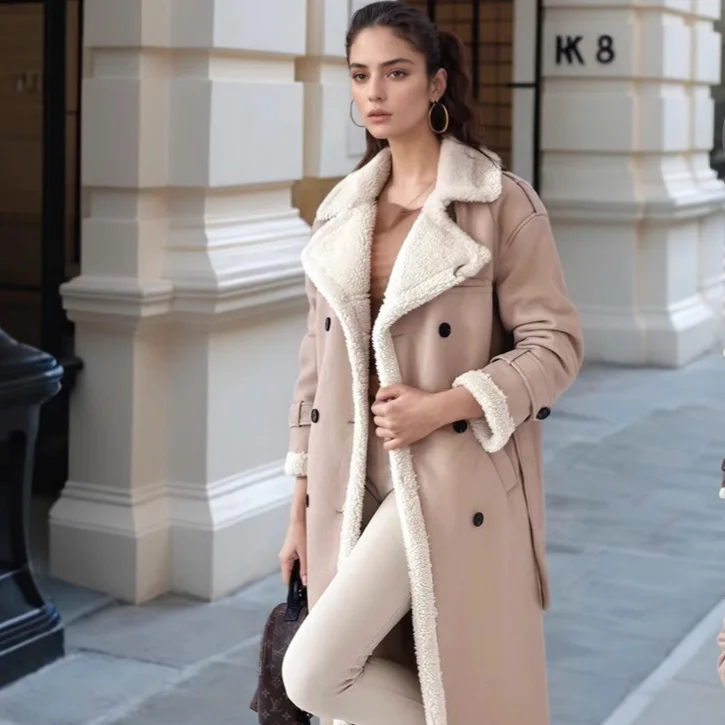 Faux Leather Coat Women 2025 Autumn Winter Plush Jackets Turn Down Collar Reversible Wear Overcoat Outawear Faux Fur Long Coats