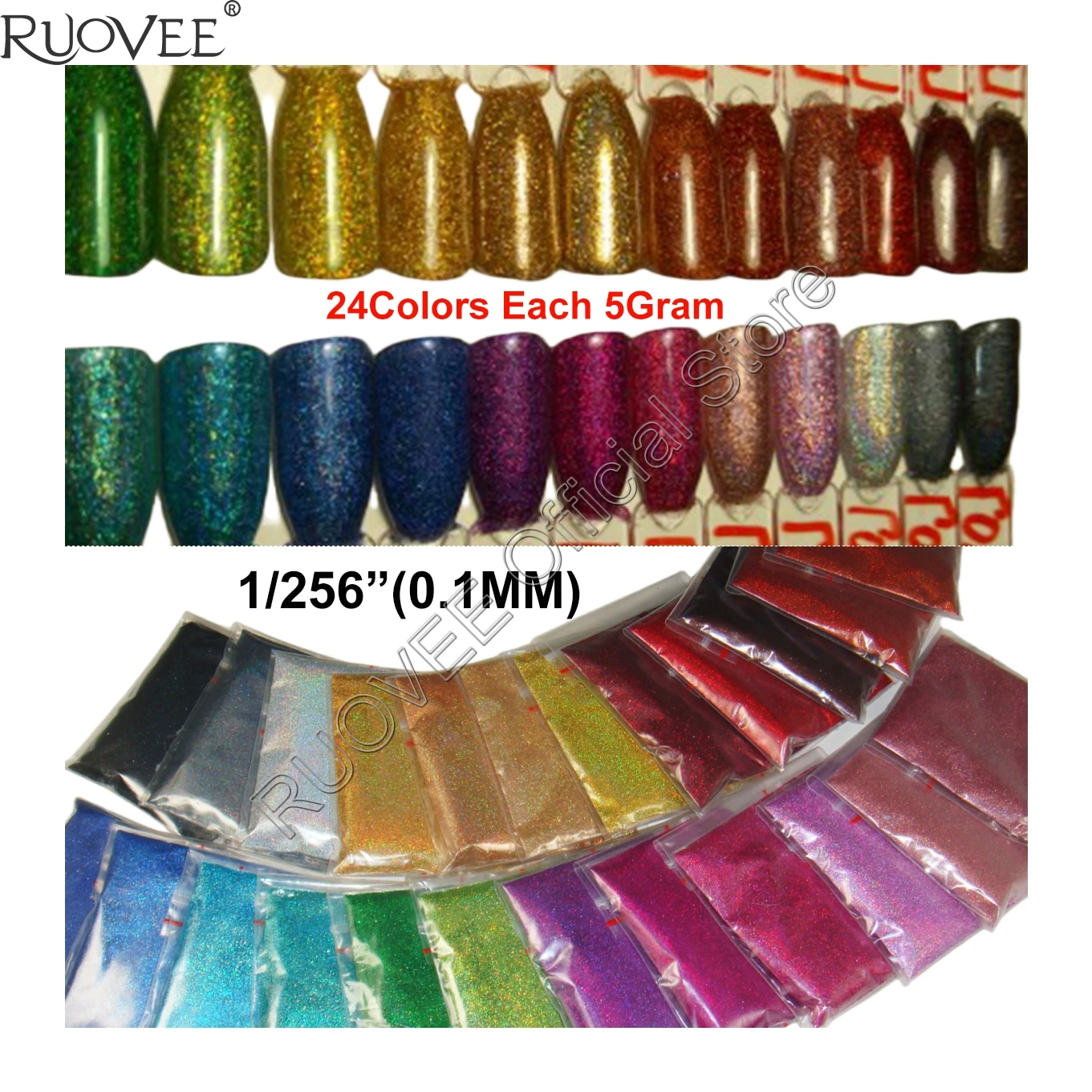 

24 Holographic Laser Colors 0.1MM Glitter Nail Fine Dust Shining Powder for DIY Manicure Unha Design Craft Accessories